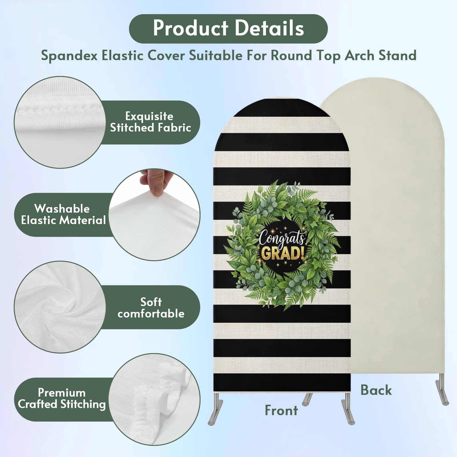 Graduate Season Arch Backdrop Cover 5 FT Congrats Grad Bachelor's Cap Leaf Wreath Black Stripes Stretchy Arch Stand Covers Spandex Arched Background Birthday Wedding Party Decoration (No Stand)