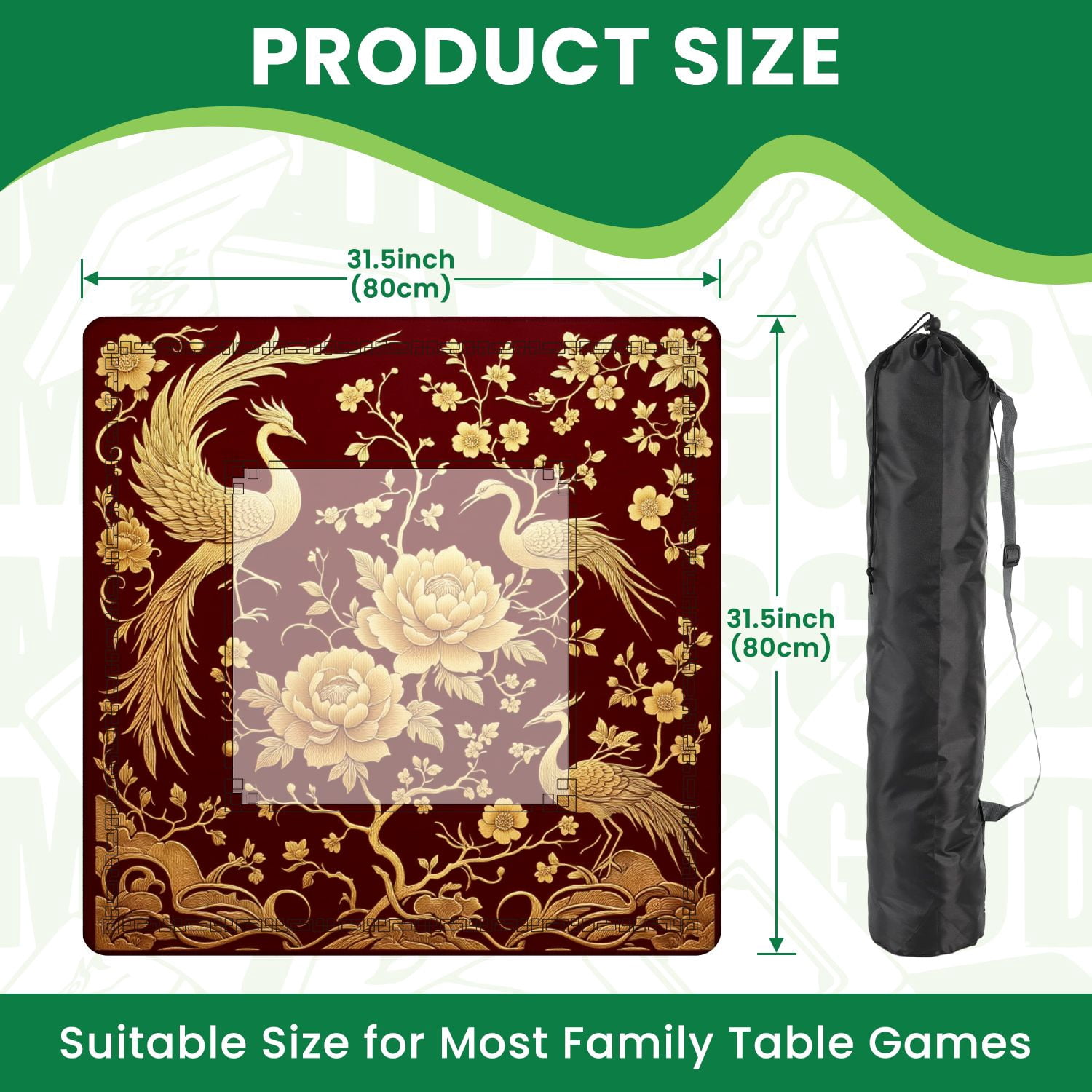 Mahjong Mat 31.5" x 31.5" Floral Embroidery Crimson Non-Slip Noise Reduction American Mahjong Tiles Table Cover for Dominoes Poker Card Board Games Gift