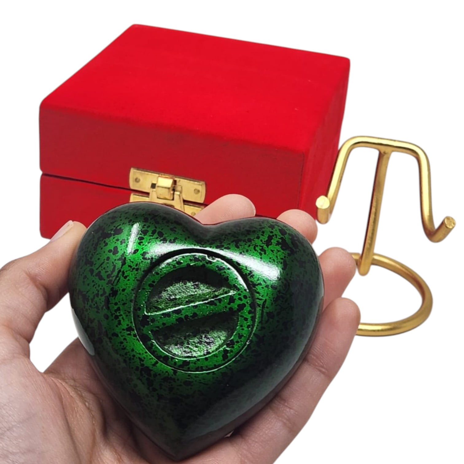SMIURNS Custom Engraved Emerald Green Speckled Memorial Urn - Heart Keepsake Cremation Urn for Ashes - Includes Gold Display Stand and Red Velvet Gift Box - Small Decorative Urn for Human or Pet