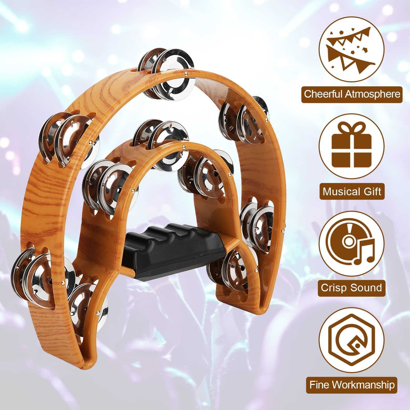 Double Row Jingles, 2025 Half Moon Musical Tambourine Double Row Handbell Tambourine Metal Jingles with Ergonomic Grip Percussion Instrument for KTV Party , Imitation Wood Color