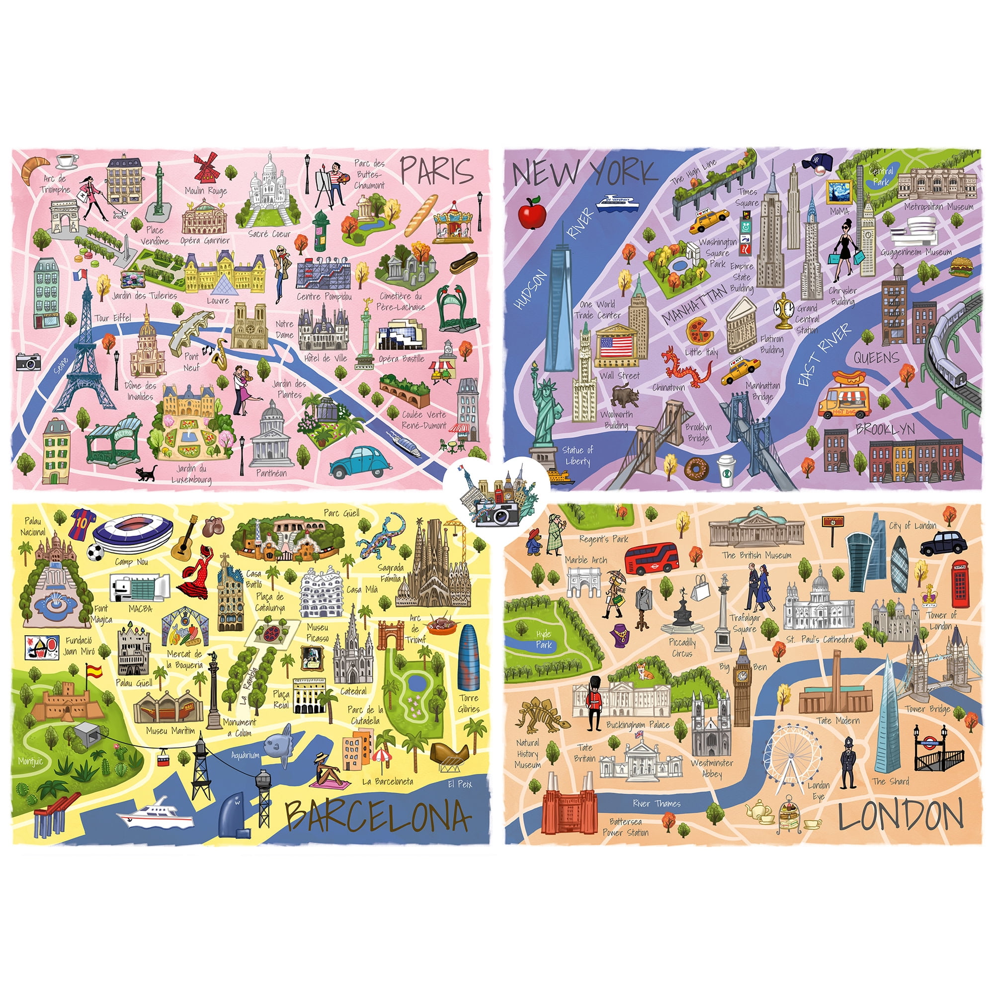 TEAMPUZZLE: City Trip - 1000pc Puzzle, 4 Jigsaw Sections, Around The World Travel Destinations, 27x19", Includes App Game Actions, Family-Friends 12+