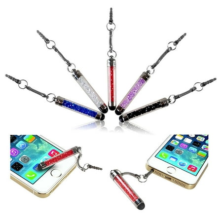 Insten 5-color Pack Universal Bing Crystal Mini Short Stylus Pen with 3.5mm Dust Plug Cap For iPhone X 8 7 6S Plus SE 5S / Samsung Galaxy S9 S8 S7 S6 Edge S5 Note 5 7 8