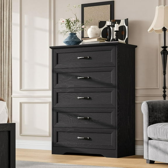 5 Drawers Dresser for Bedroom,Chest of Drawers with Wide Metal Handle,Farmhouse Modern Wooden Tall Dresser,Natural Texture,Storage Organizer for Bedroom,Living Room,Kids Room(Black)