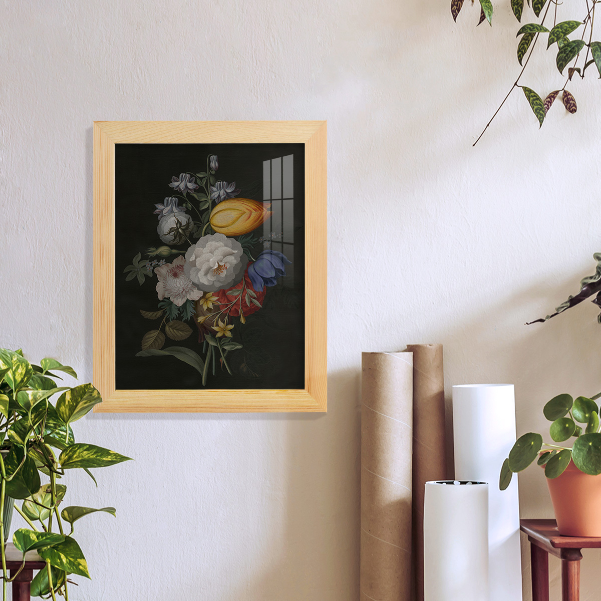 Dramatic Bouquet III -Framed Print w/glass-Natural Wood