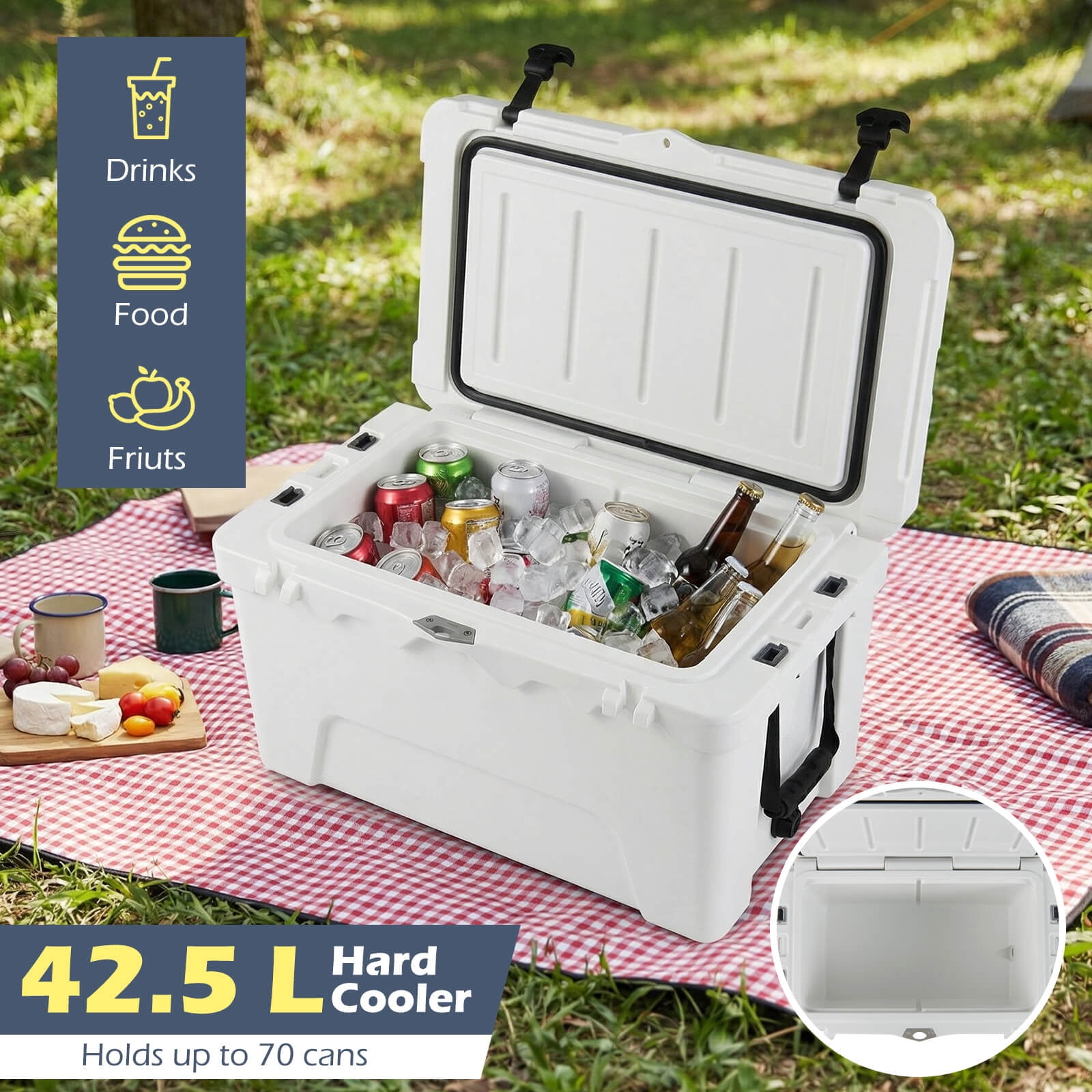 Costway 42.5 L Portable Hard Cooler with 2 Cup Holders,Ruler & Opener,cool for up to 6 Days White