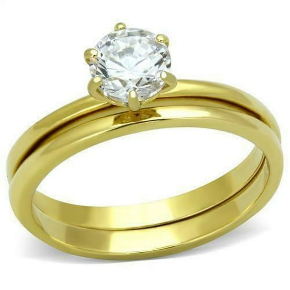 Women's Stainless Steel Solitaire Round cz Engagement Wedding Gold GP Ring Set