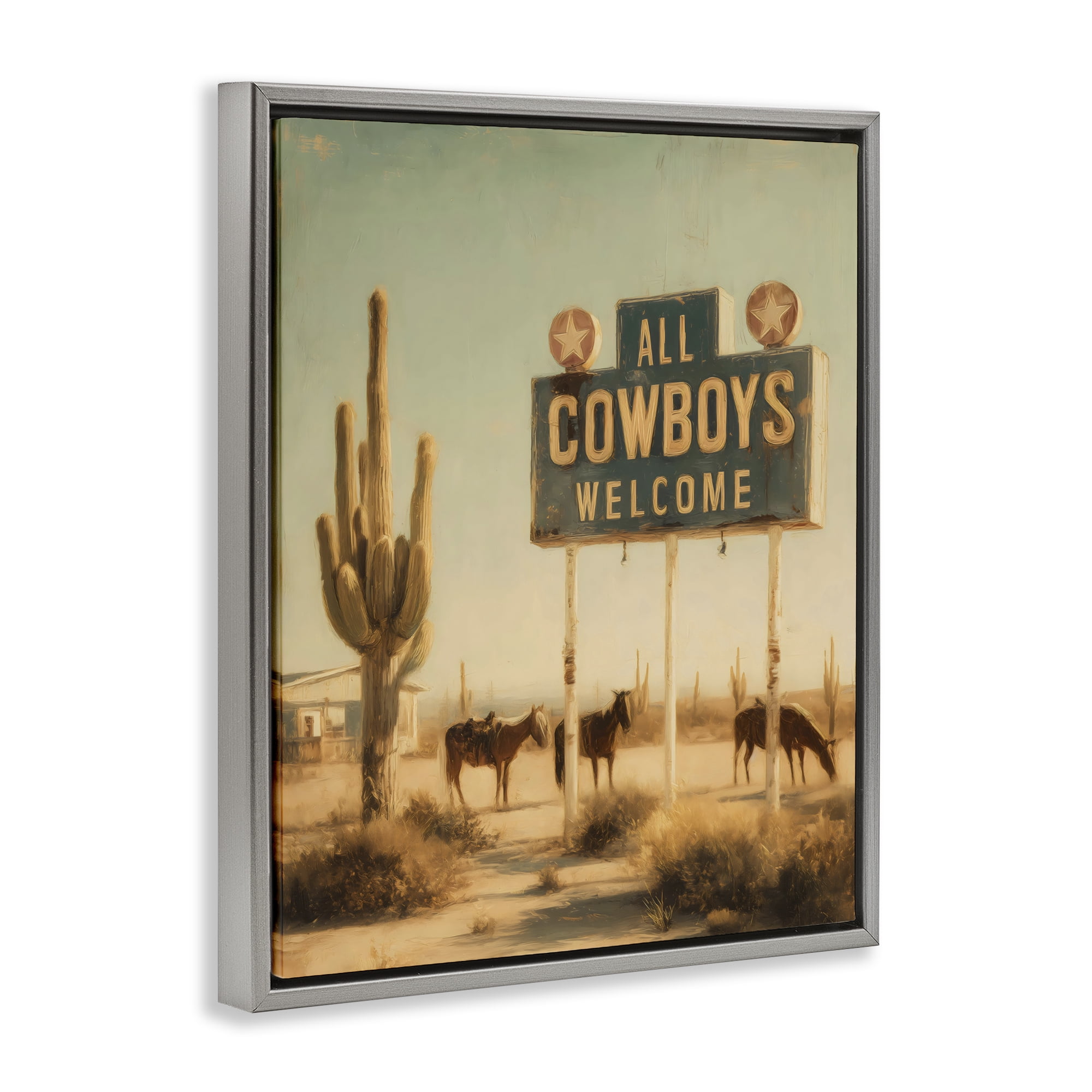 Stupell Industries All Cowboys Welcome Desert Gray Framed Floater Canvas Wall Art, design by Arlington Prints