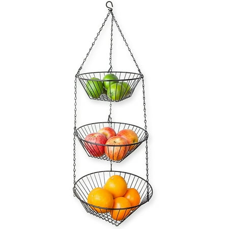 Home Basics 3 Tier Wire Hanging Kitchen Fruit Baskets - Black