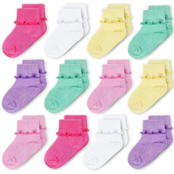 CozyWay Toddler Ruffle Socks - Soft Breathable Cotton Comfort - Stay-Put Design & Toddler Socks With Grippers - 9-24 Months, Pack of 12, Pink/Yellow/Green