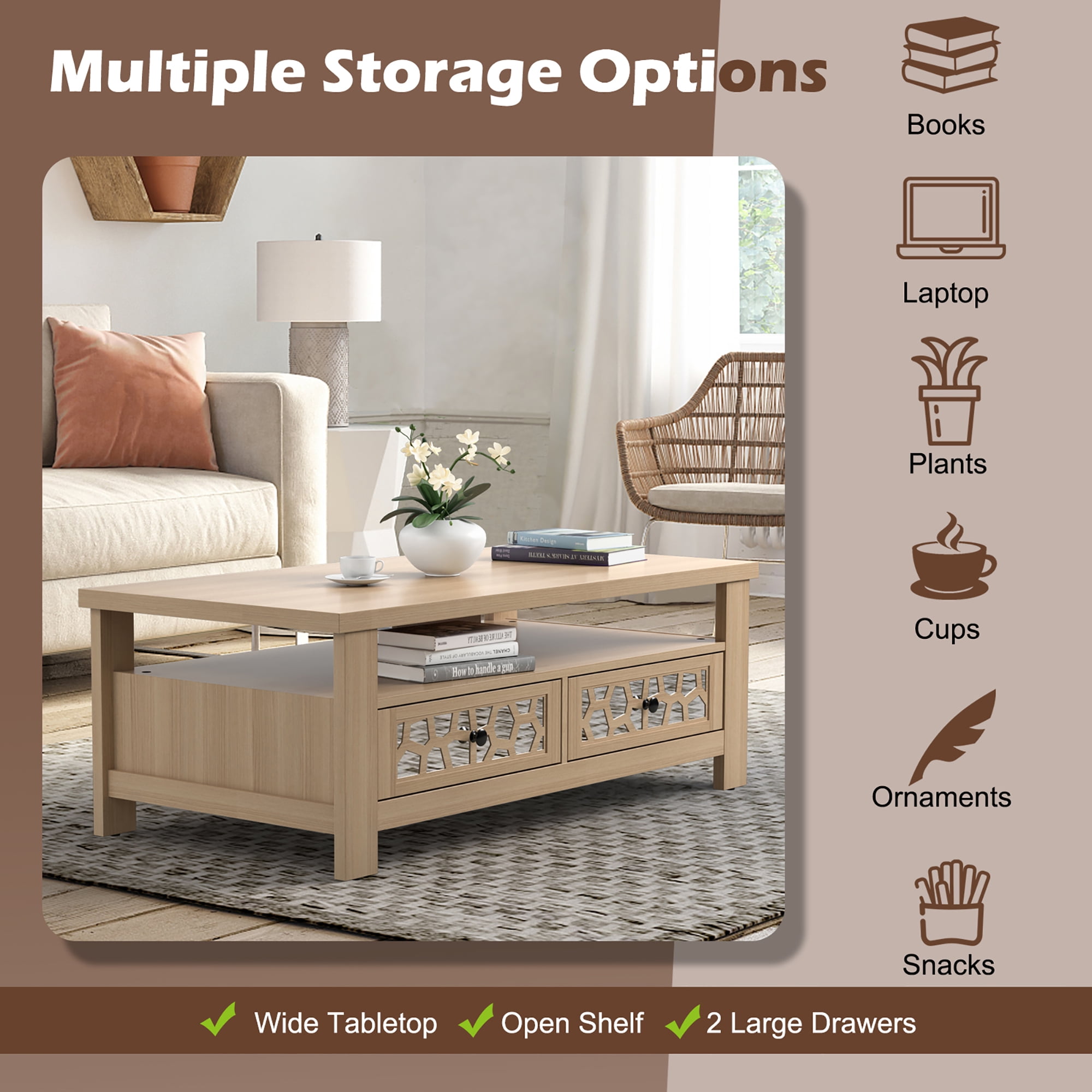 Costway Coffee Table with2 Drawers & Open Shelf Modern Rectangular Wood Living Room Table Natural