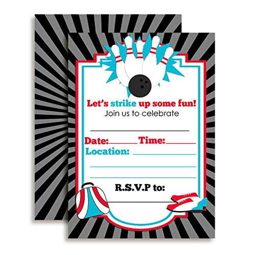 Bowling Birthday Party Invitations, 20 5'x7' Fill in Cards with Twenty White Envelopes by AmandaCreation