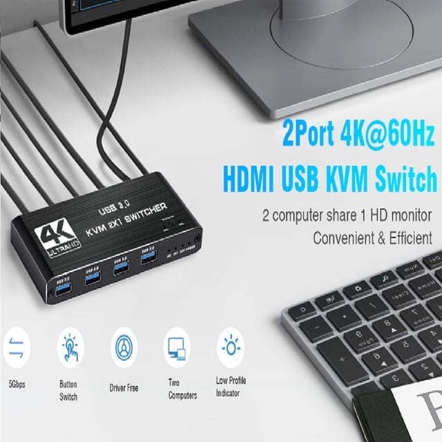 KVM Switch HDMI 2 Ports with 2* USB Data Cable, 4K 60Hz for 2 Computers 1 Monitor Keyboard, Mouse