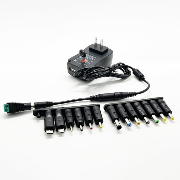 can 30W Universal Power Adapter Adjustable AC Adapter 100-240V 50-60Hz to DC 3V 4.5V 5V 6V 7.5V 9V 12V 2.5A Max Variable Power Supply 3V~12V 0.5A 1A 1.5A 2A with 5V 2.1A USB Port 14Tips 4.9FT Cord