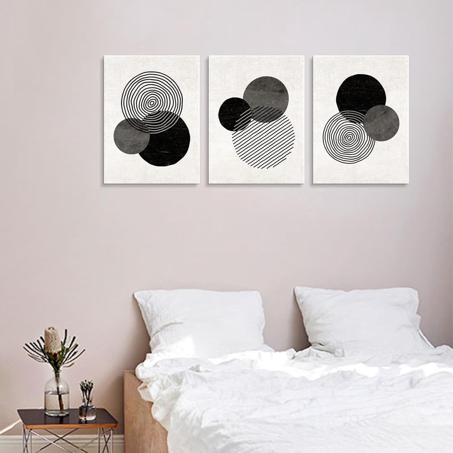 Black and White Wall Art Canvas Set Mid Century Boho Pictures Modern Geometric Lines Rounds Wall Decor Minimalist Bohemian Abstract Painting Artwork for Living Room Bedroom Office 12"x16"x3Pc