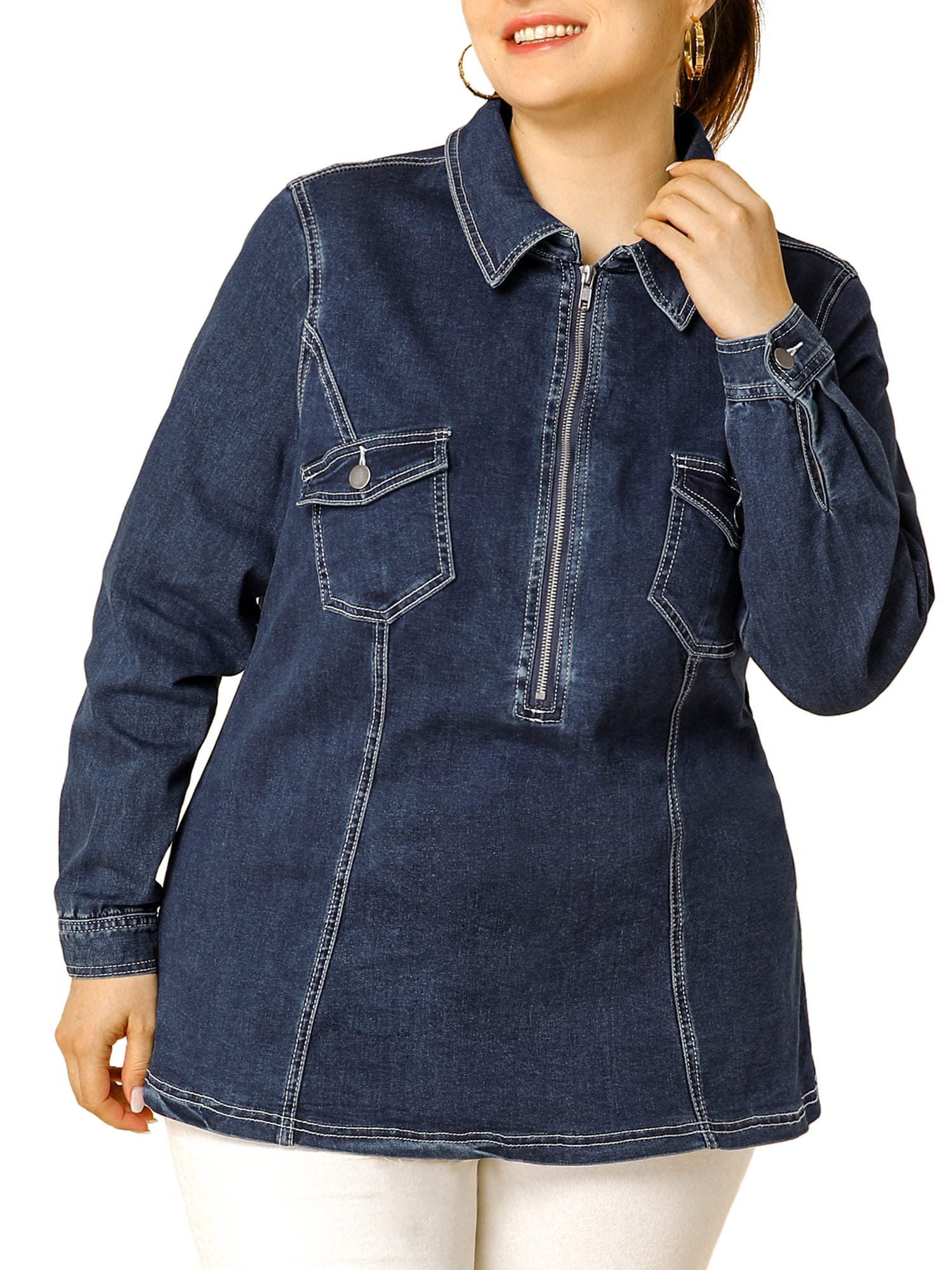 Unique Bargains Women's Plus Size Washed Zip Up Denim Jacket with ...