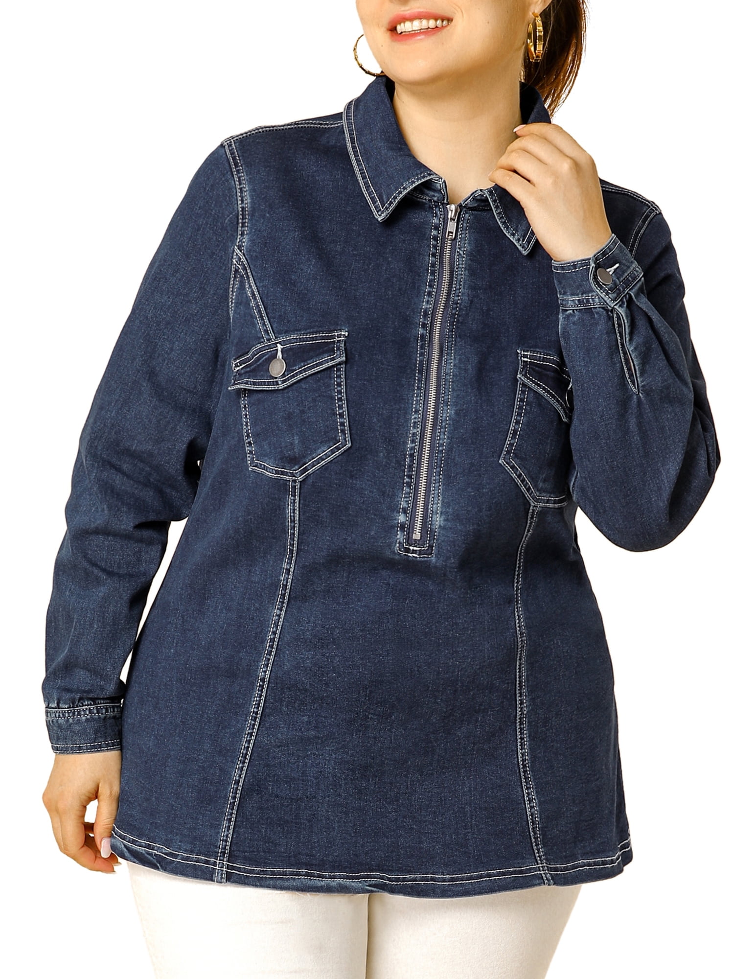 Unique Bargains Women's Plus Size Washed Zip Up Denim Jacket with Pockets - Walmart.com