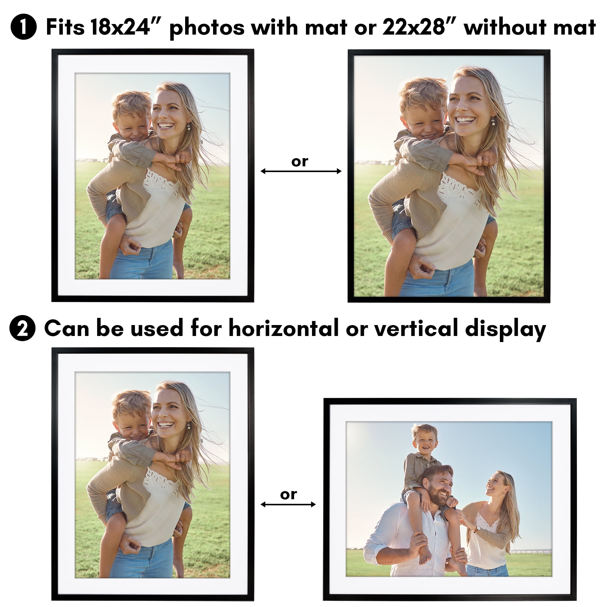 Americanflat 22x28 Poster Frame with Polished Plexiglass with 18x24 Mat Display Photo Soho Collection - Black