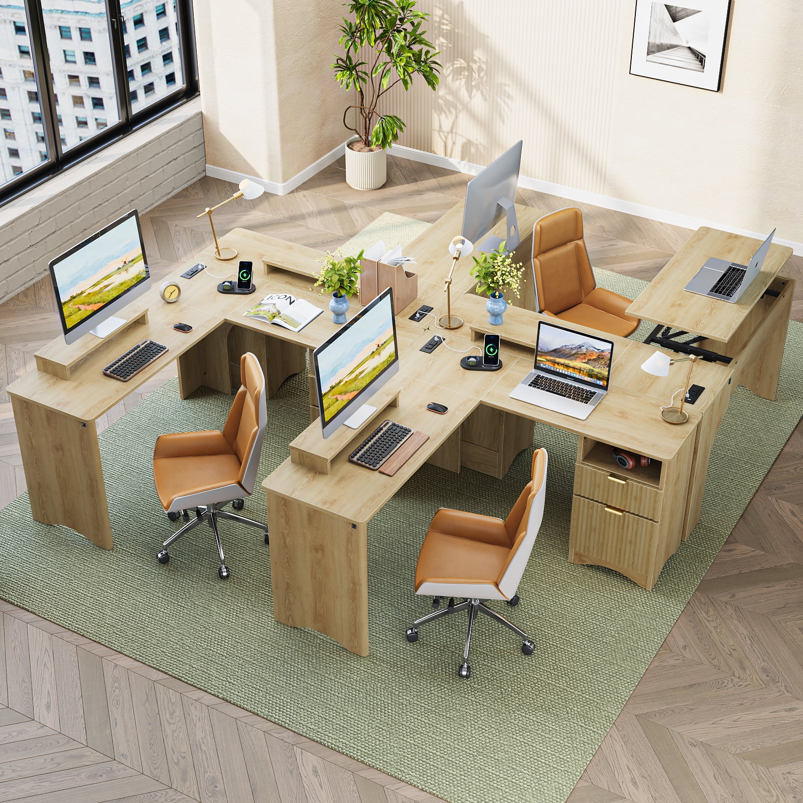 Bestier 55" L-shaped Computer PC Desk Lift Top with Power Outlets Storage Drawers and Monitor Stand, Log