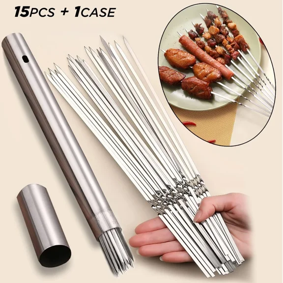 15Pcs Bbq Stainless Steel Kebab Skewers & 1Pc Tube Storage Reusable Grill Sticks