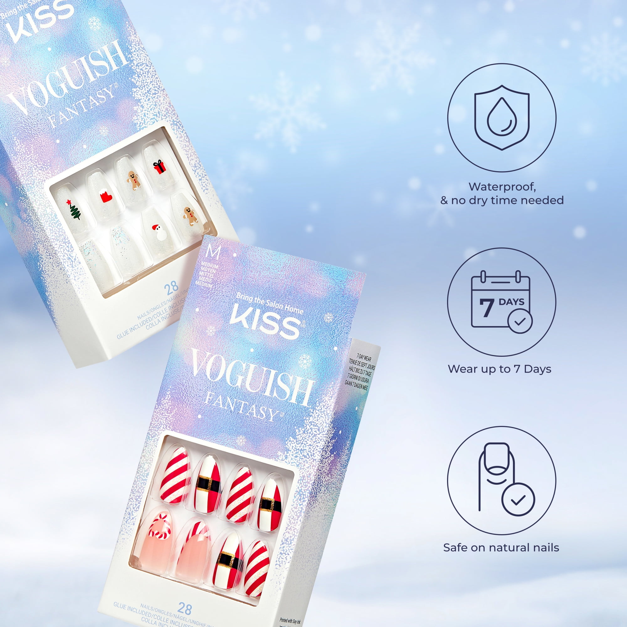 KISS Voguish Fantasy Holiday, Press on Nails, Snowman Nose, Blue, Short Oval, 28 Count