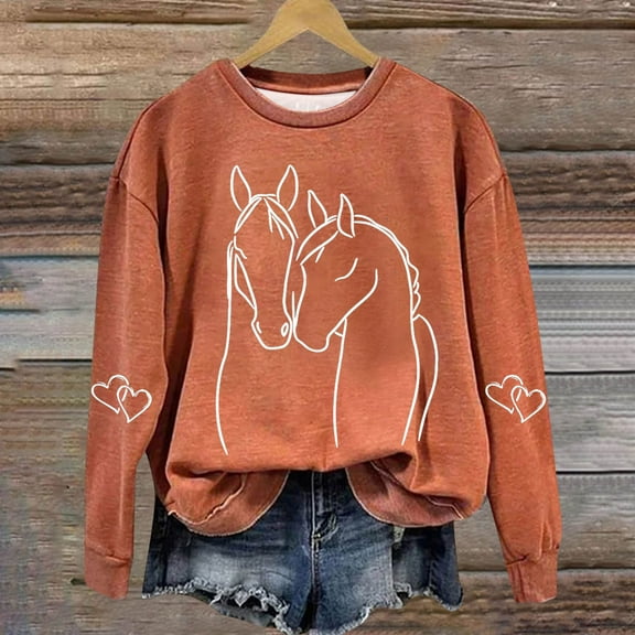 Royisotas Women Sweatshirts Fall Long Sleeve Horse Print Fleece Pullover Loose Fit Crew Neck Casual No Hood Blouse