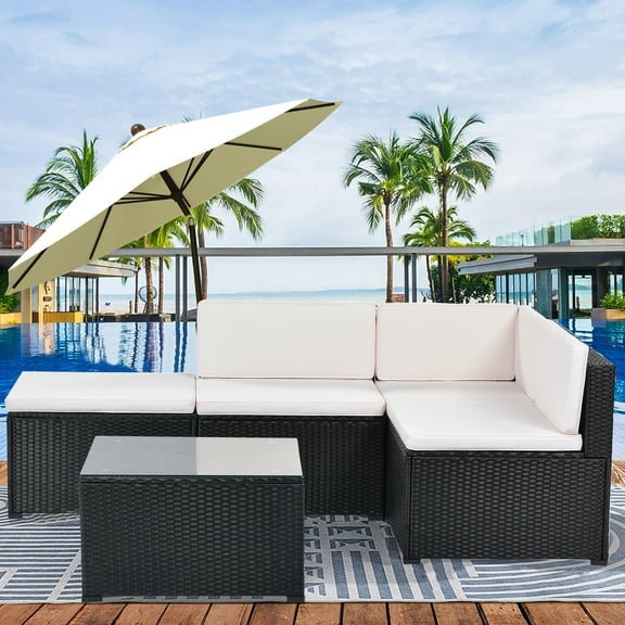 SEGMART 5-Piece Outdoor Patio Furniture Set, All Weather PE Rattan Wicker Bistro Sectional Sofa Set with 2 Single Sofa, 1 Corner Chair, Seat Cushions, Coffee Table and Ottoman, 250lbs, Beige, SS2000