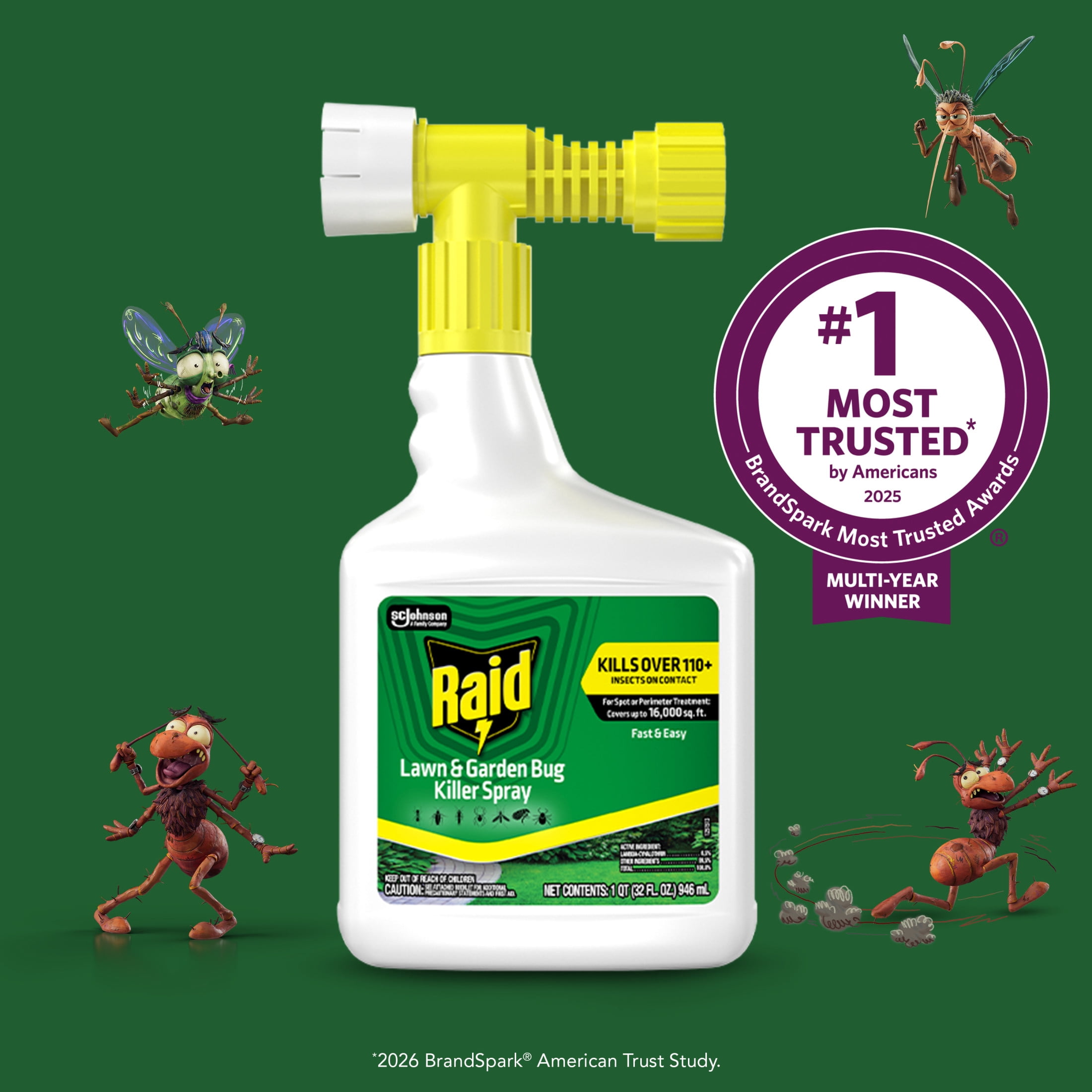 Raid Outdoor Lawn and Bug Killer Spray, Garden Hose Attachment for Outside Household Use on 110+ Insects, 8 Week Control, Fast and Easy, Spot and Perimeter Treatment, 32 fl oz