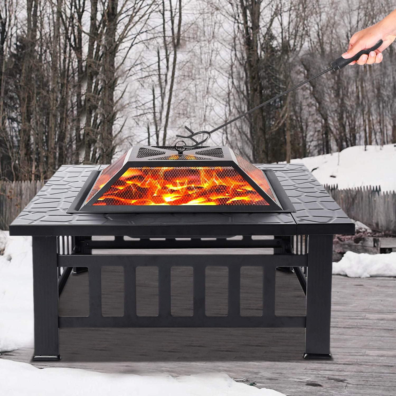 32" Deck Fire Pit for Outside, Premium Square Steel Fire Pit w/Mesh Screen Lid, Metal Fire Pit w/Poker, Multifunctional Heater/Grill/Ice Pit for Backyard Patio Garden BBQ Grill, S7044
