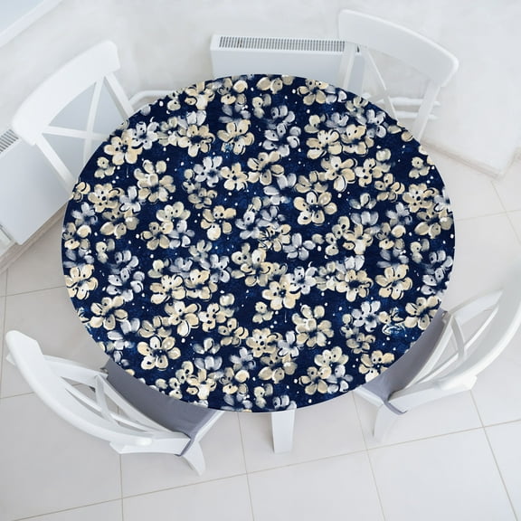 Ambesonne Floral Fitted Round Tablecloth, White Flowers Digital Plot, 36"- 40" Diameter, Dark Teal Night Blue