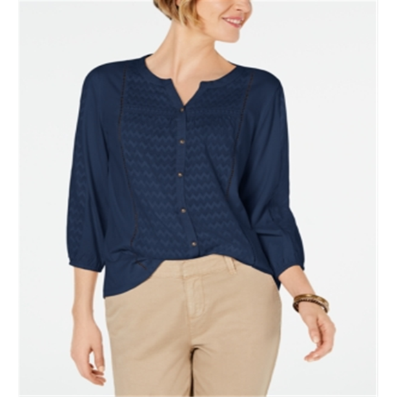 Style & Co Women's Ladder Trim Bubble Sleeve Top Blue Size X-Large