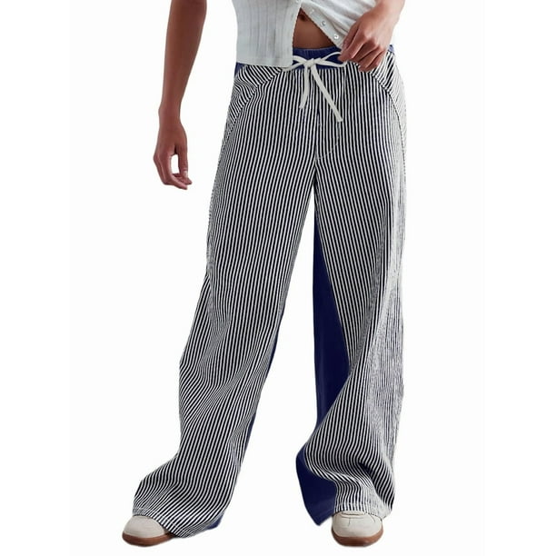 Pantalones de Rayas de Tiro Bajo para Mujer, Estilo Bohemio, con Cordón Ajustable y Pernera . Azul Marino XL