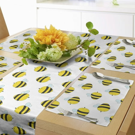 

Honey Bee Table Runner & Placemats Graphical Flying Creatures Scattered on a Plain Back Set for Dining Table Decor Placemat 4 pcs + Runner 12 x72 Yellow Charcoal Grey by Ambesonne