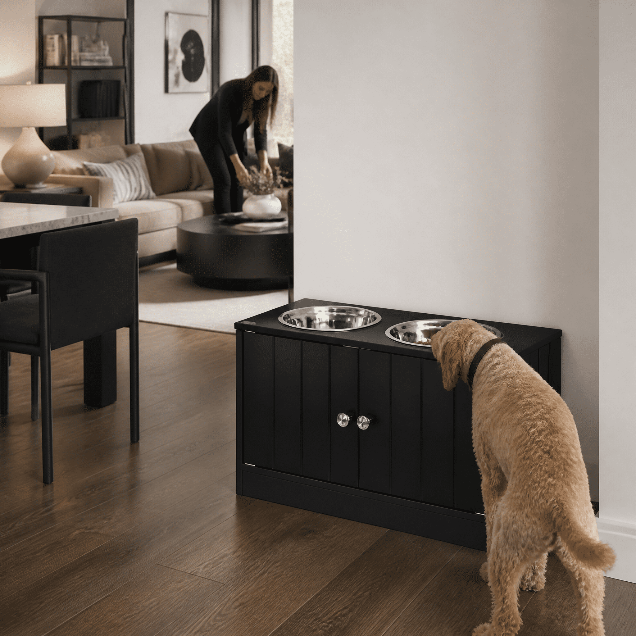Magnetic-Door Dog Food Storage Cabinet & Dog Feeding Station, Black