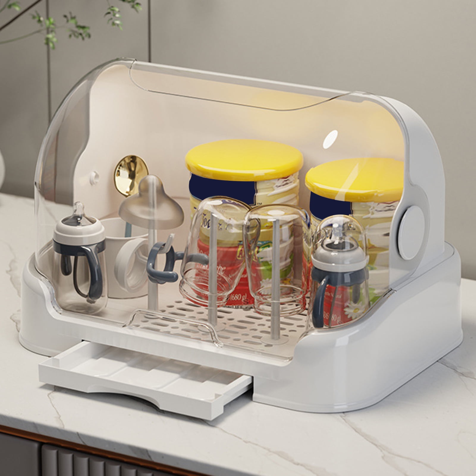 Baby Bottle Drying Rack with Transparent Lid Large Capacity Dustproof Easy to Clean Baby Bottle Storage Box with Removable Drain Tray