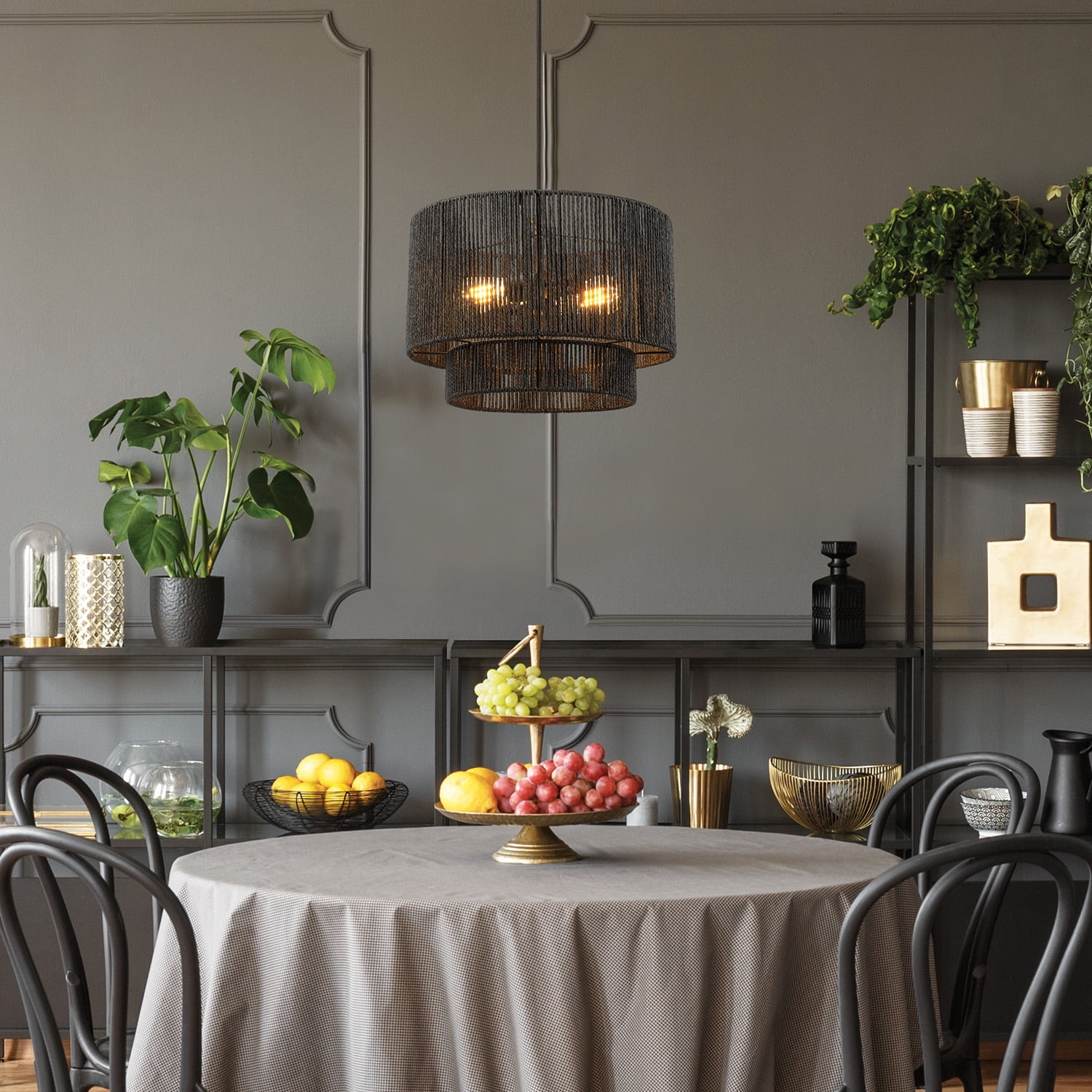 Globe Electric 2-Light Matte Black Pendant Light with Black Paper Twine Shade
