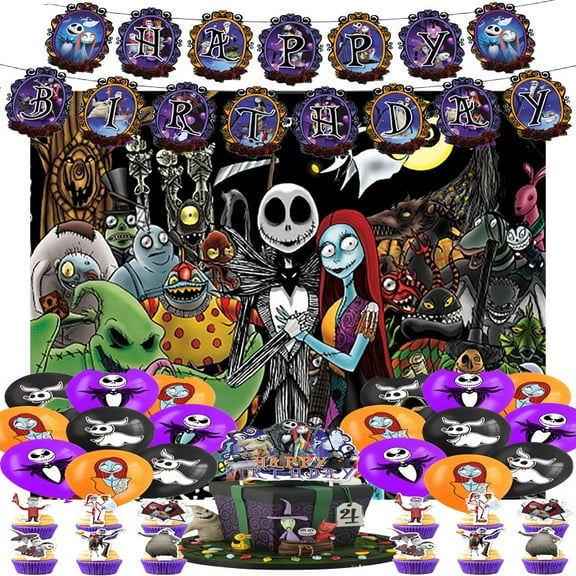 Jack and Sally Birthday Party Supplies, Christmas Themed Party Set, Include Happy Birthday Banner, Backdrop, Balloons, Cupcake Toppers, Party Supplies for Kids Birthday, Baby Shower