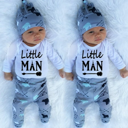 

Qtinghua Newborn Infant Baby Boy Little Man 3Pcs Outfits Long Sleeve Romper Bodysuit with Bear Pants and Hat Set Blue 12-18 Months