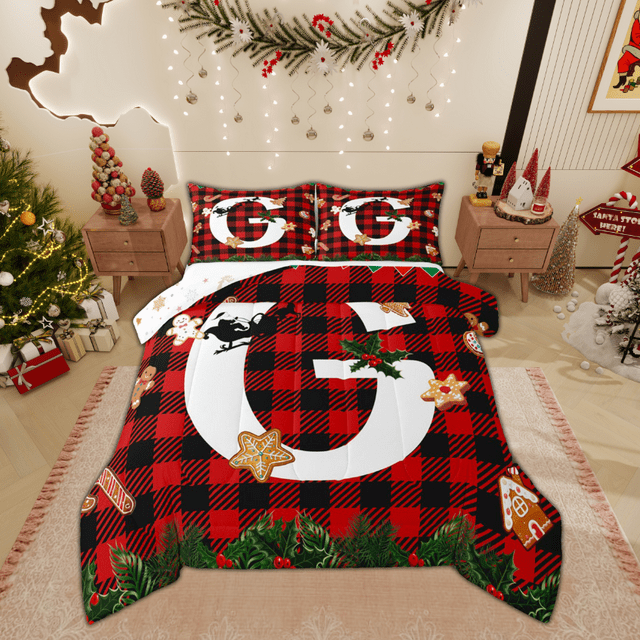 Manfei Initial Letter G Child Full Size Comforter Sets, Merry Christmas Bedding Comforter Set, Checkered Plaid Reversible Bedding Sets, Ultra Soft Home Decor, 3pcs