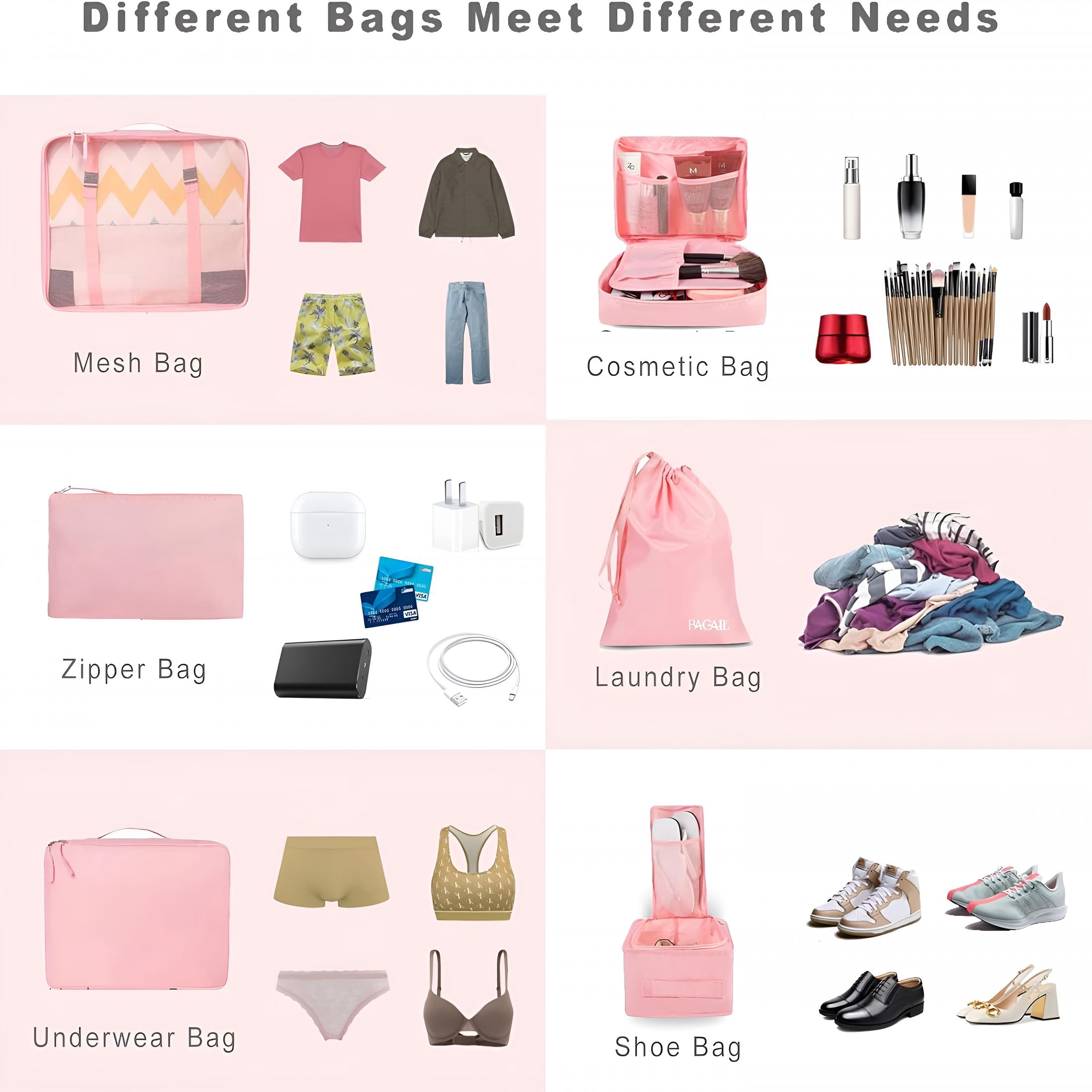 XIBUFE 8 Set Packing Cubes,Lightweight Travel Luggage Organizers with Shoe Bag,Toiletry Bag & Laundry Bag (Blush Pink)