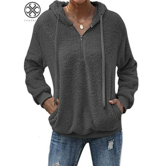 Luxtrada Womens Fuzzy Fleece Sweatshirt Casual Loose Sherpa Sweater Pullover Tops Long Sleeve Pullover Hoodie with Pockets Outerwear Oversized