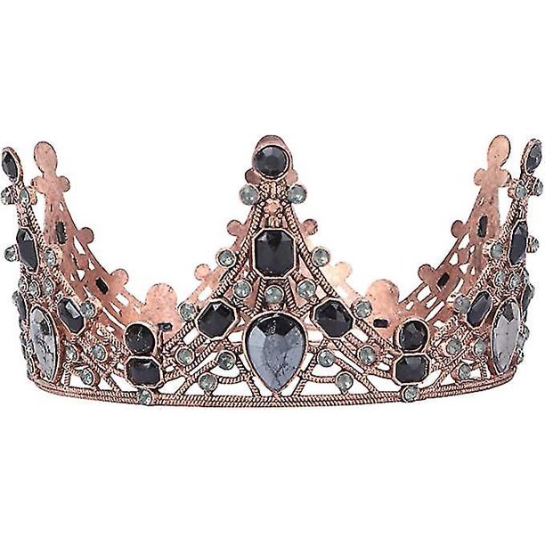 Corona barroca Vintage Tiara redonda Diamante de imitación Corona de reina negra para boda Festival Fiesta