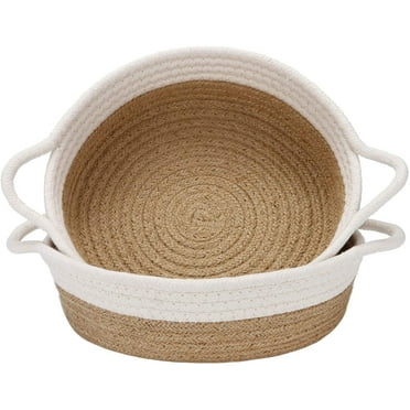 Set of 2 Cotton Rope Baskets, Small Woven Storage Basket 10 x 3 Inches, Fabric Tray, Bowl, Round Open Dish for Fruit, Jewelry, Keys, Sewing Kits