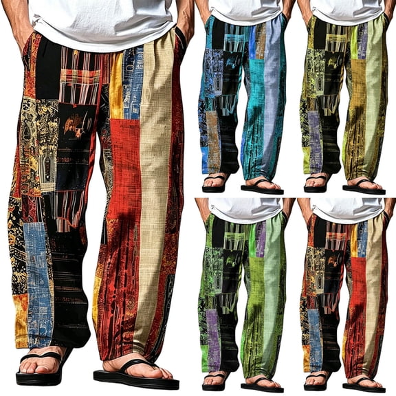 SGFCWSX Mens Harem Pants Patchwork Elastic Waist Drawstring Pockets Loose Boho Hippie Beach Casual Pants Red Size 2XL