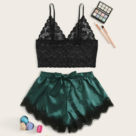 

Cotonie Women Sexy Floral Lace Bralette Bowknot Satin Shorts Sleepwear Pajamas Sleepwear