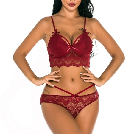 

YDKZYMD Women s Black/Wine/Red/Navy Lingerie Sexy Deep V Lace Pajamas Set Hollow Out Strappy Corset Tops Bra and Panty 2 Piece