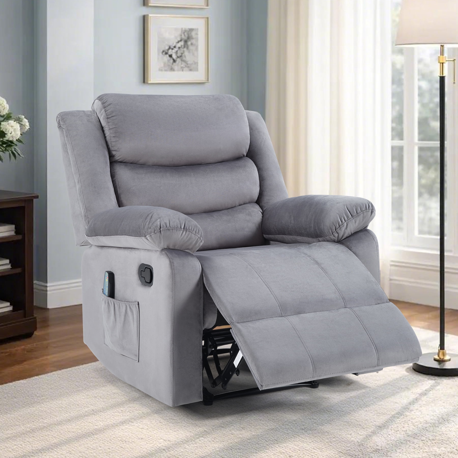 Bonzy Home Massage Recliner Modern Cloth Recliner Chair with Massage & Heating Breathable Fabric, Gray