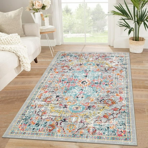 Findosom 3'x5' Vintage Area Rug for Living Room, Machine Washable Rugs Non Slip Distressed Indoor Rug,Large Retro Area Rug Floor Carpet for Bedroom Dining Room Entryway Office Decor,Gray