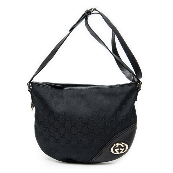 Pre-Owned Gucci Black Britt Messenger Hobo Shoulder Bag Monogrammed Canvas