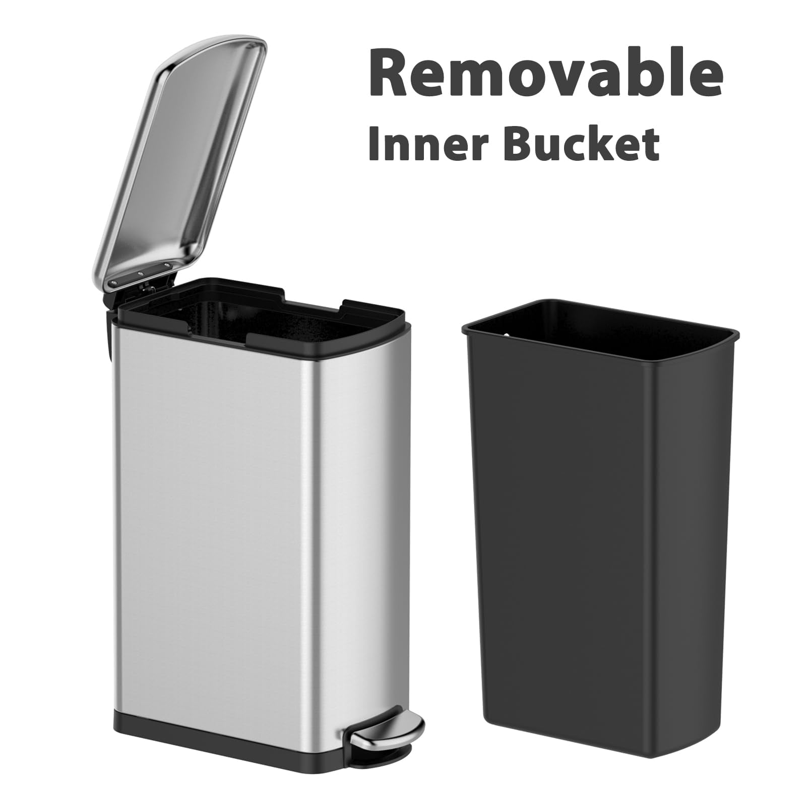 7.9 Gallon Trash Can, Slim Kitchen Trash Can with Soft Close Lid, Stainless Steel Trash Can with Removable Bucket, Rectangular Waste Bins for Kitchen, Bathroom, Office