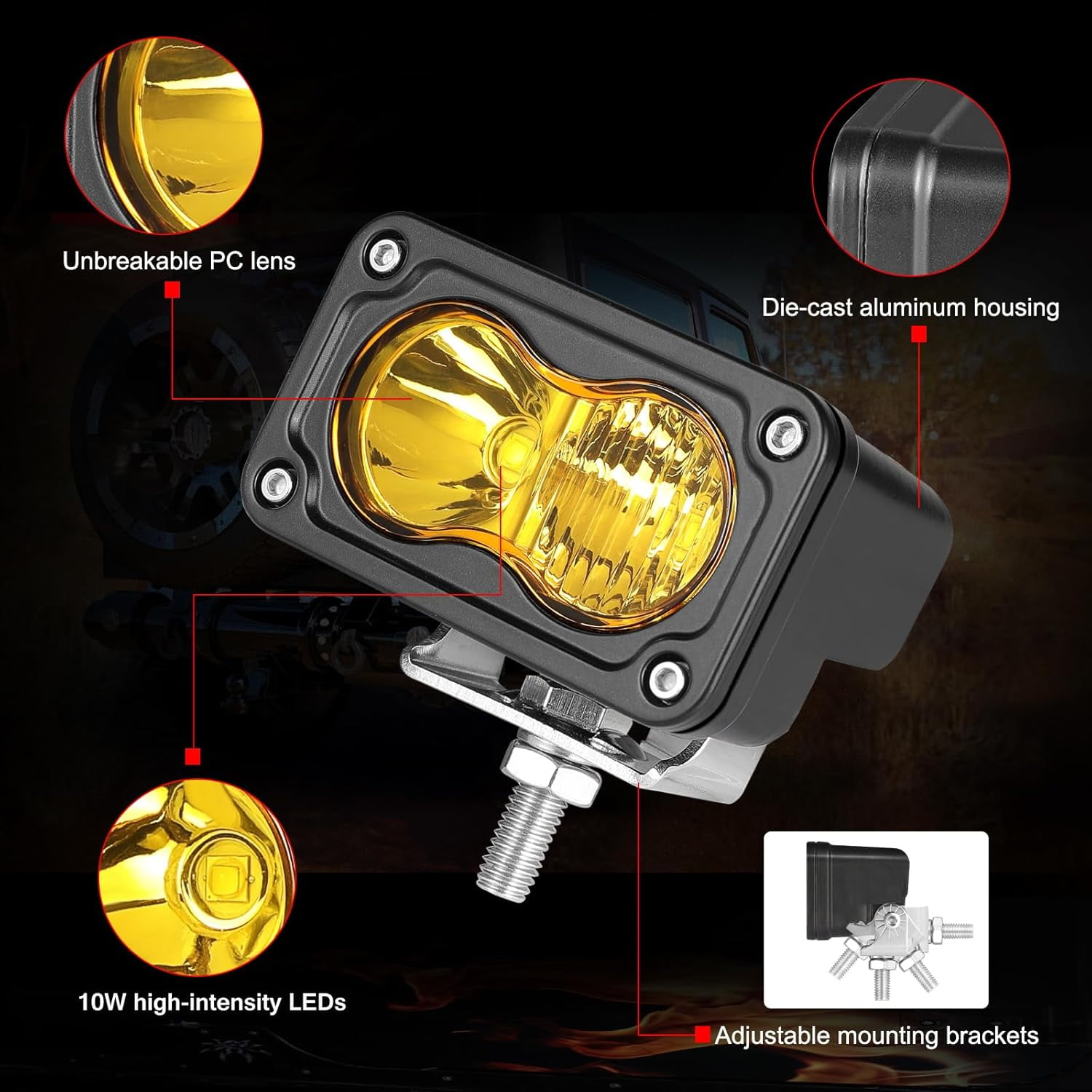 LED Pods Amber, 2Pcs 40W 3 Inch Driving Light Pod Yellow Off Road Bumper Lights Super Bright LED Work Light Cube Waterproof Combo Fog Light for Truck ATV UTV SUV Motorcycle Boat